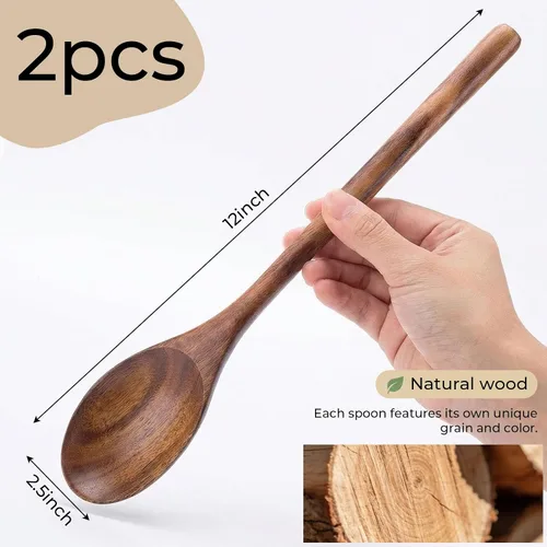 Vista 7 de HANSGO cucharas de madera para cocinar, 2 piezas de utensilio de cocina de madera de acacia, cucharas de servir de madera de 12 pulgadas