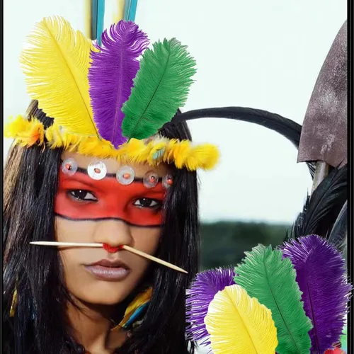 Vista 6 de 12 plumas de Mardi Gras de 10 a 12 pulgadas para manualidades, plumas de avestruz coloridas moradas, verdes, doradas para Mardi Gras, manualidades