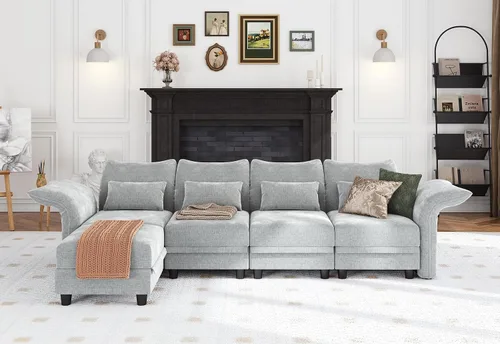 Vista 19 de LLappuil - Sofá seccional en forma de L con almacenamiento, sofás seccionales modulares beige de pana para sala de estar con brazos y respaldos Pana