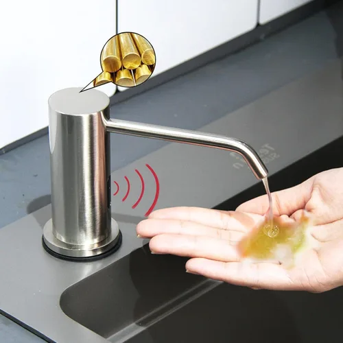 Vista 8 de Dispensador automático de jabón para fregadero de cocina, dispensador de jabón líquido integrado sin contacto negro mate con dispensador de jabón