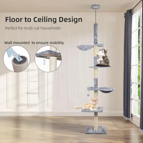 Vista 2 de Roypet Árbol para gatos estable ajustable de 102"-106.3" de alto con perchas herramientas de fijación, gris Gris 1