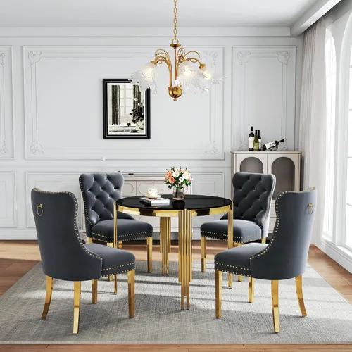 Vista 31 de Juego de mesa de comedor de cristal de 5 piezas para 4, mesa de cocina cuadrada de 37 pulgadas con 4 sillas tapizadas de terciopelo negro, mesa