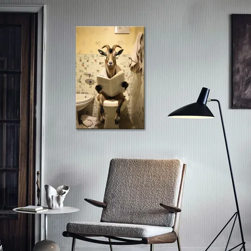 Vista 36 de GLOKAKA Lienzo decorativo para baño, diseño divertido de alpaca sentado en el inodoro, leyendo periódico, arte de pared, humor, granja, animal, arte