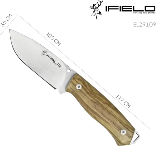 Vista 5 de iFIELD Cuchillo de caza Workout MOVA hoja de satén, longitud total 8.7 pulgadas, con funda de cuero, herramienta de camping para pesca, caza Verde