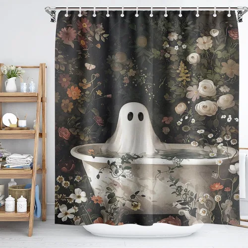Vista 4 de Cortina de ducha de Halloween con diseño de fantasma, para bañera, bosque de flores, cortina de ducha para baño, academia oscura, tina fantasma