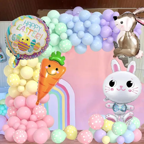 Vista 5 de Yumiche Arco de globos de Pascua, arco de globos de primavera, arco Ki con globos pastel, globos de papel de aluminio de conejo y zanahoria