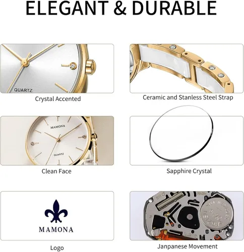 Vista 5 de MAMONA Watches for Women Christmas Gifts for Women Wife, Girls & Ladies Fashion Bracelet Watch Set Waterproof Womens Ceramic Watch Casual Wrist