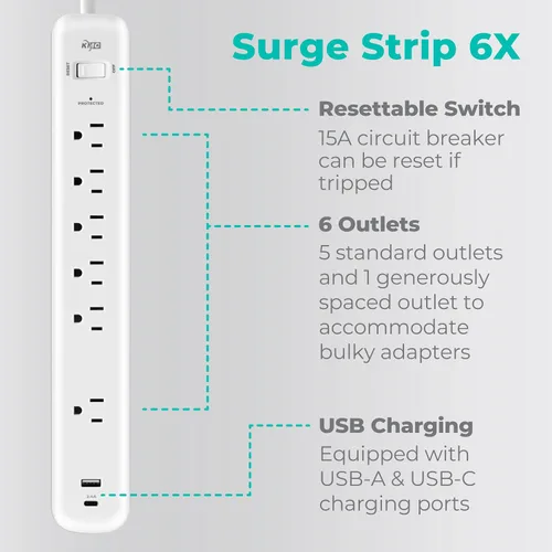 Vista 2 de KMC Regleta de alimentación con protector de sobretensiones de 6 tomas, 1 puerto USB-A y 1 puerto USB-C, protectores de sobretensiones