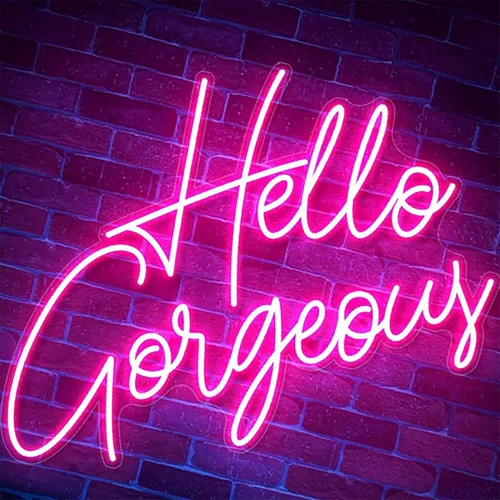 Vista 4 de Letrero de neón LED con texto en inglés «Hello Gorgeous LED», luz nocturna de neón para pared, fiesta de cumpleaños, boda, bar, club, decoración