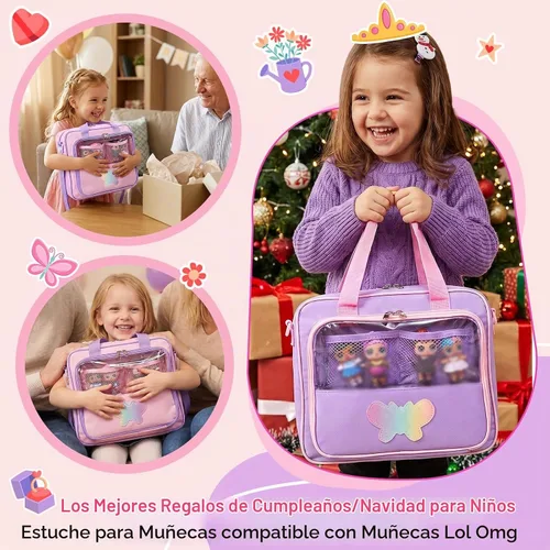 Vista 4 de Funda de transporte compatible con muñecas Barbie de 12 pulgadas/6 pulgadas. Bolsa de almacenamiento para muñecas compatible con muñecas LOL Rosa