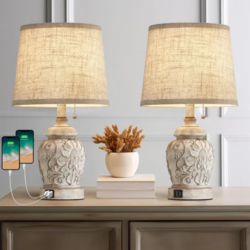 Vista 10 de Juego de 2 lámparas de mesa de noche estilo granja de 19.5 pulgadas, lámparas rústicas para mesita de noche de dormitorio con puertos USB, lámparas