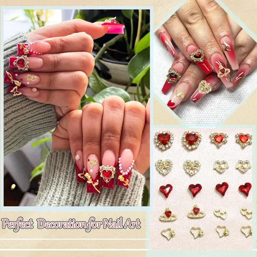 Vista 5 de RODAKY 40 dijes de uñas de corazón de cristal rojo, gemas de uñas para el día de San Valentín para uñas, arte de lujo, accesorios de decoración