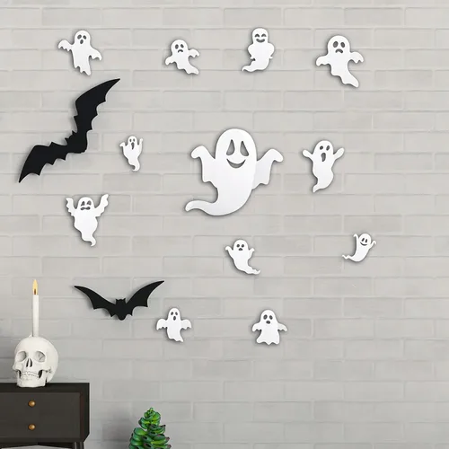 Vista 3 de 24 calcomanías 3D para decoración de pared de fantasmas de Halloween, reutilizables, autoadhesivas, lindas calcomanías blancas espeluznantes