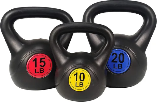 Vista 10 de BalanceFrom Vinyl Kettlebell Set, 30/45/50/75 Pound Options – Cement-Filled Strength Training Weights with Ergonomic Grip and Color Coding for Full
