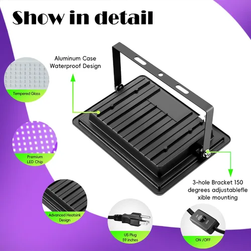 Vista 2 de Paquete de 2 luces LED negras de 100 W, luz negra con enchufe e interruptor, luz negra impermeable IP66 para fiesta de Halloween, brilla