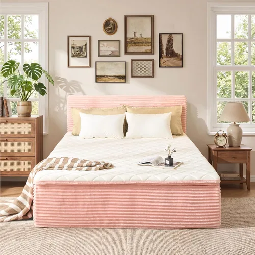 Vista 16 de Base de cama individual sin hueso con colchón, colchón de espuma viscoelástica de 16 pulgadas con plataforma tapizada de tela de felpa, no requiere