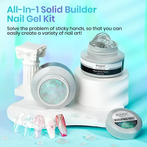 Vista 6 de MIZHSE Gel constructor sólido para uñas, 2 unidades de 1 onza de perlas de sirena y gel duro transparente con formas de uñas, molde 3D, remojado, U