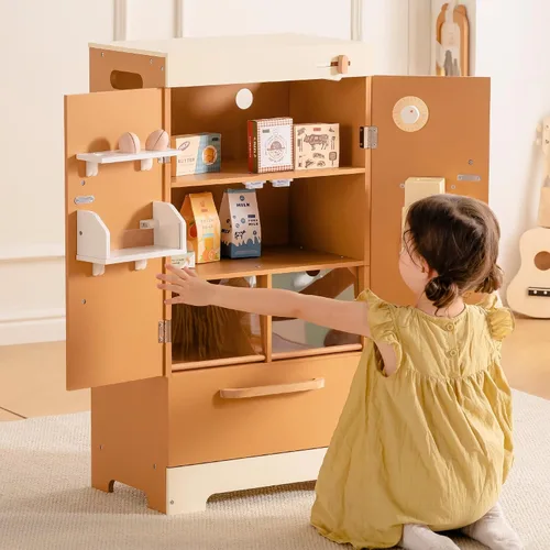 Vista 5 de ROBOTIME Refrigerador de madera para niños, refrigerador de cocina de juguete para niños pequeños, refrigerador de juguete con máquina de hielo