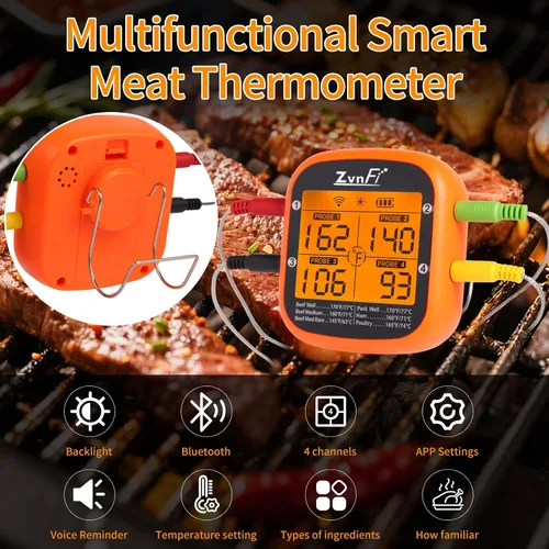 Vista 5 de Termómetro digital inalámbrico de lectura instantánea para alimentos y carne, con pantalla LCD y 4 sondas de acero inoxidable, termómetro