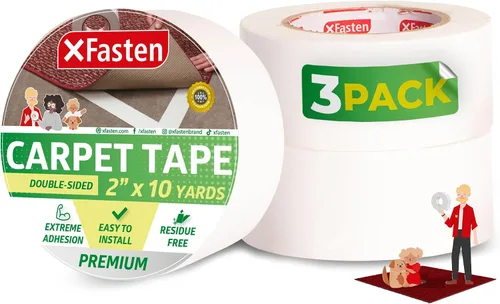 Vista 17 de XFasten Cinta de alfombra de doble cara - Cinta adhesiva resistente de 2” x 5 yardas, Cinta adhesiva de 1” de núcleo para alfombras de área sobre