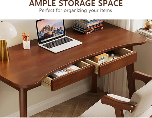 Vista 3 de Escritorio para computadora con 2 cajones, escritorio moderno de oficina en casa, mesa de estudio curvada de madera maciza (31 pulgadas, natural)