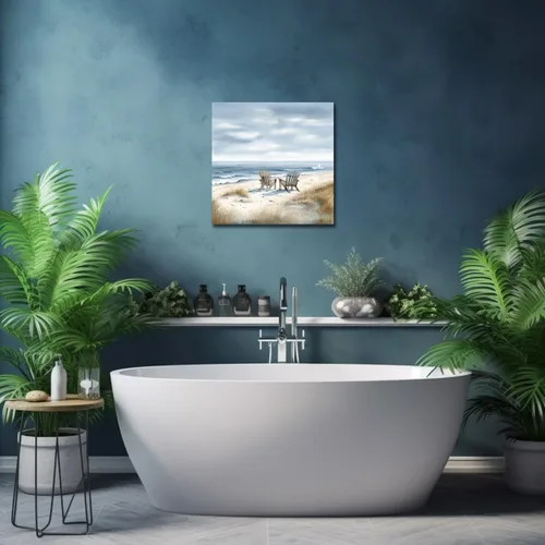 Vista 5 de LZIMU Arte de pared costero, silla de playa junto al mar, impresión en lienzo, pintura relajante de paisaje marino, arte de orilla relajante azul