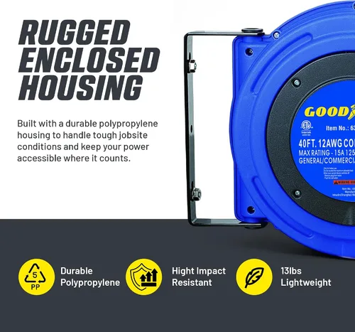 Vista 5 de Carrete de extensión Goodyear resistente, 40 pies, 12AWG/3C SJTOW, triple con conector con luz LED