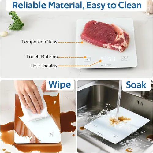 Vista 4 de Báscula de cocina impermeable IP67 con superficie de vidrio, báscula de alimentos de 10 kg, precisión de 1 g/0.1 oz, recargable por USB, pantalla