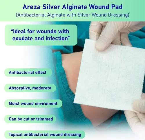 Vista 2 de Areza Silver - Almohadillas antibacterianas de alginato de calcio para heridas, estériles, antiadherentes, altamente absorbentes; para drenaje