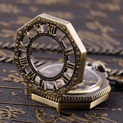 Vista 9 de Bronze Men's Antique Mechanical Pocket Watch, Skeleton Mechanical Roman Numerals Pocket Watch with Chain + Box