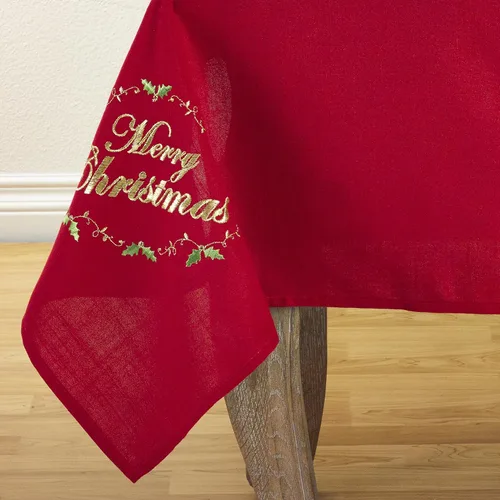 Vista 2 de SARO LIFESTYLE Mantel de mesa con diseño bordado de Feliz Navidad, 54 pulgadas, rojo