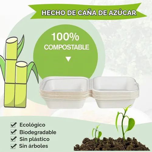 Vista 2 de Paquete de 200 recipientes de comida para llevar, 100% compostables, desechables, cajas de 6 x 6 pulgadas para ensalada, tartas, sándwiches
