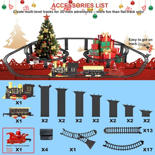 Vista 4 de Juego de tren eléctrico con pistas elevadas 3D, vagones de pasajeros de locomotora, luces y modo silencioso, tren de Navidad para niños, regalo