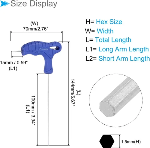 Vista 2 de Llave hexagonal con mango en T, hexagonal de 0.059 in, llave en T métrica de acero CR-V azul