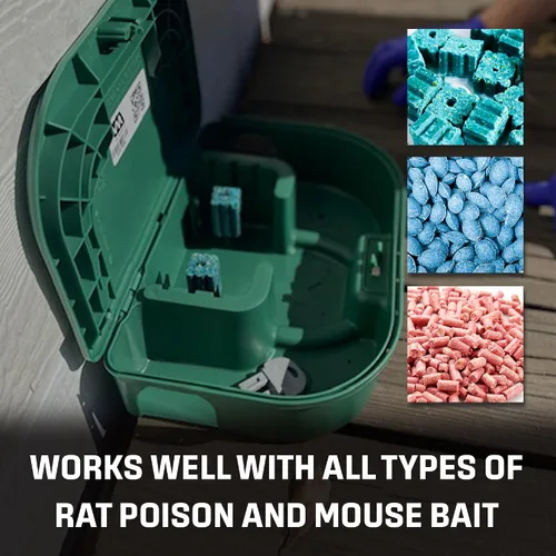 Vista 3 de Exterminators Choice Caja grande para cebo para ratas con 1 llave, plástico, resistente a la intemperie, resistente a la intemperie, caja verde