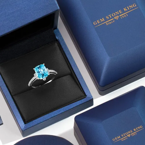 Vista 5 de Gem Stone King Anillo de compromiso de topacio azul suizo y zafiro blanco de 4.00 quilates para mujer, juego en plata de ley 925, corte cojín