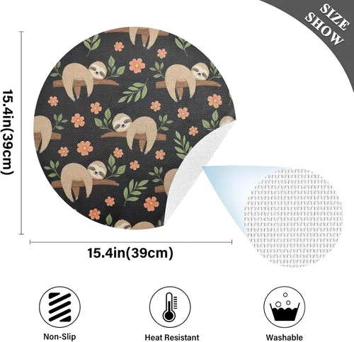 Vista 4 de Cute Sloths Black Round Placemat, Washable Heat Protecting Placemats for Kitchen one sizex1
