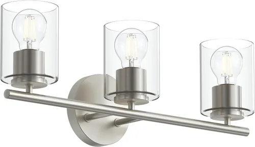 Vista 15 de Progress Lighting Lámpara moderna de tocador de baño de cristal blanco grabado con 4 luces, colección Replay, níquel cepillado (P2160-09)
