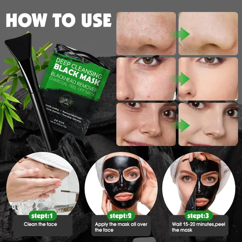 Vista 5 de Paquete de 20 mascarillas removedoras de puntos negros, máscara facial negra con cepillo, removedor de acné de poros y puntos negros para cara