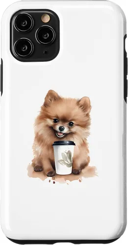 Vista 29 de iPhone 16 Pomerania perro con café estilo acuarela caso