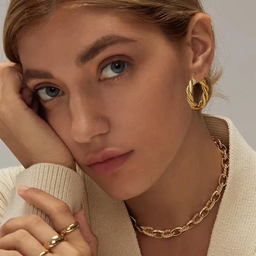 Vista 2 de Aretes de aro de oro trenzado para mujer, gruesos, gruesos, ligeros, hipoalergénicos