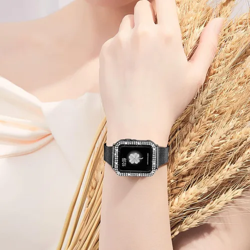 Vista 4 de Joyozy Correa delgada de acero inoxidable compatible con Apple Watch de 1.49, 1.57, 1.61, 1.65, 1.73, 1.77 y 1.81 pulgadas, correa milanesa con Negro