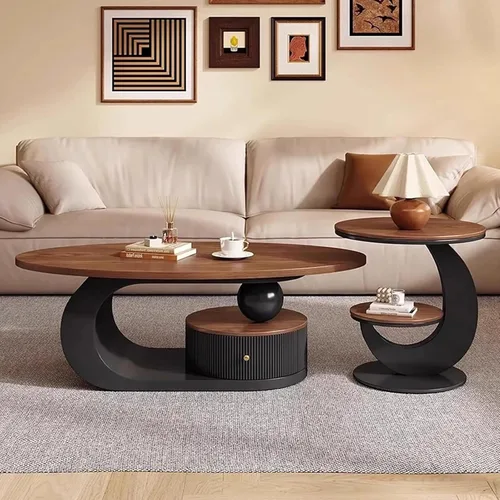 Vista 7 de Juego de mesa de centro ovalada moderna de 2 piezas, mesas de centro anidables con almacenamiento, mesa auxiliar con marco de metal, mesa de centro