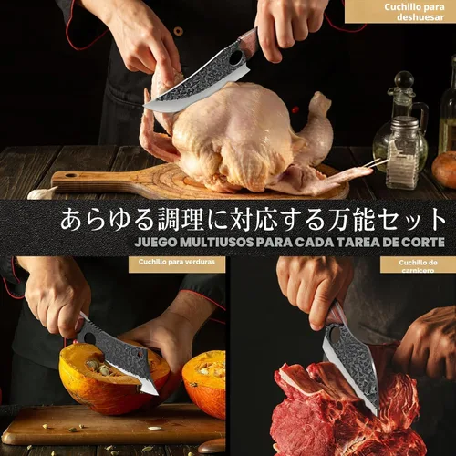 Vista 5 de Huusk - Juego de 3 cuchillos japoneses para cortar carne, juegos de cuchillos vikingos forjados a mano con cuchillo de carne, juegos de cuchillos