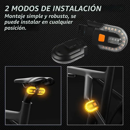 Vista 4 de Luz trasera de bicicleta recargable con señales de giro, carga USB, control remoto, 5 modos de iluminación, señales de giro de bicicleta divididas