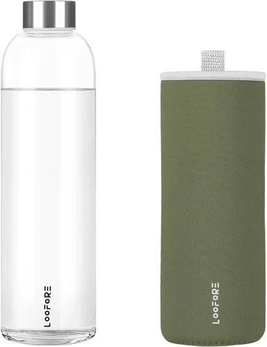 Vista 9 de Botella de agua de vidrio de 32 onzas con tapa y funda de neopreno, color azul claro Glass Drinking Bottle 1000ml, Reusable Bpa Free, Leakproof