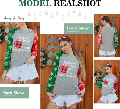 Vista 4 de Anbech Merry Christmas Trees Graphic Shirt Women Funny Car Graphic Xmas Top Long Sleeve Vacation Pullover