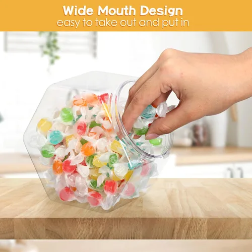 Vista 4 de Dandat 18 tarros de plástico con forma hexagonal para galletas con tapa de 28 onzas, tarro transparente de boca ancha para galletas, dulces