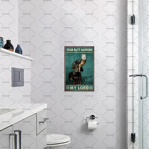 Vista 5 de Cartel de metal con diseño de perro salchicha y papel higiénico, divertido póster para cafetería, sala de estar, cocina, baño, decoración de pared