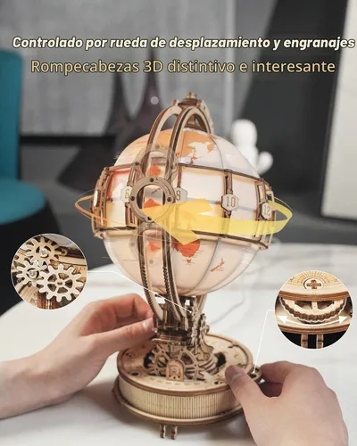 Vista 4 de ROKR Rompecabezas de madera 3D para adultos, rompecabezas de globo de madera con iluminación LED, kits de construcción de modelos, decoración